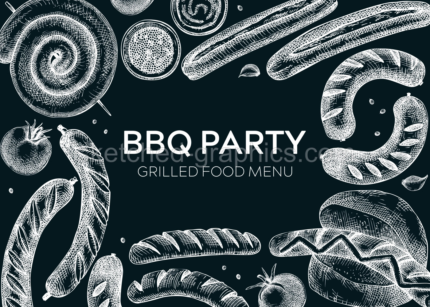 Grilled sausage frame on chalkboard. Hand-drawn fast food illustration. Barbeque party sketched banner. German food sketches. Oktoberfest background. For picnic, delivery, bar or restaurant design Illustration